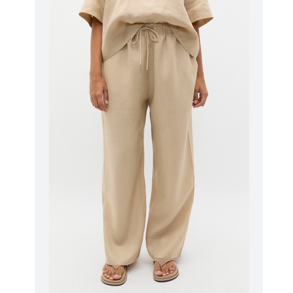 NWOT‎ Seed Heritage Core 100% Linen Tie Pant Iced Latte Beige Wide Leg 8 M New